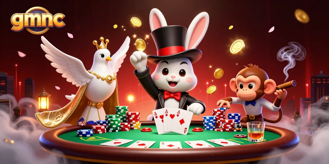 Engage with gmnc through vibrant casino-themed illustration featuring a magician, dove, and monkey.