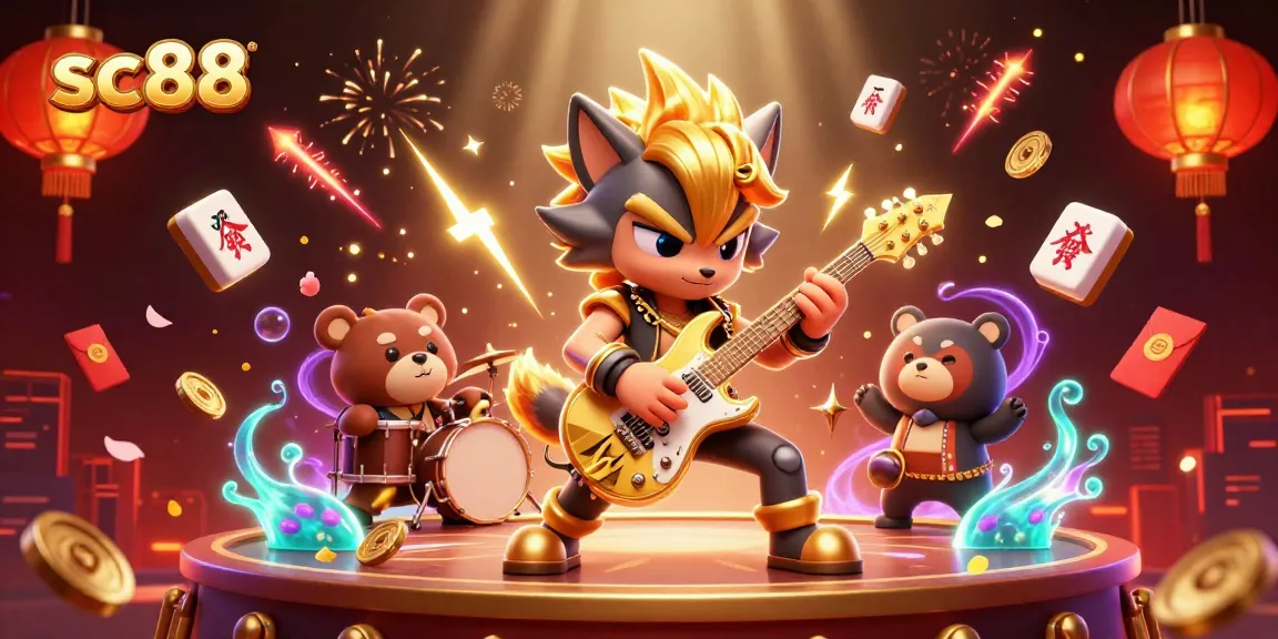 Engage with SC88's exhilarating atmosphere featuring a lively rock star wolf performing on stage amidst casino excitement.