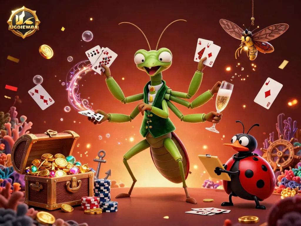 UGDEWA presents a vibrant 3D cartoon casino scene with a giant praying mantis dealer, enhancing your gambling gaming experience.