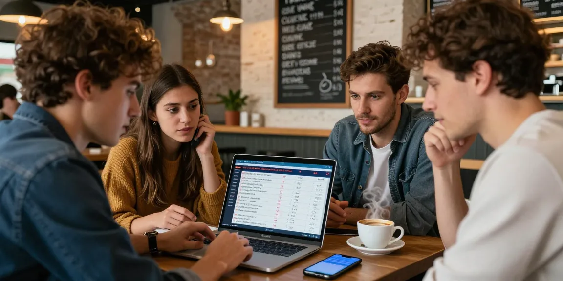 Suasana santai di kafe, teman-teman membahas strategi di lazadatoto untuk permainan togel online.