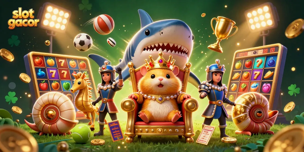 Menangkan slot gacor dengan raja hamster emas di kursi megah, dikelilingi simbol buah.