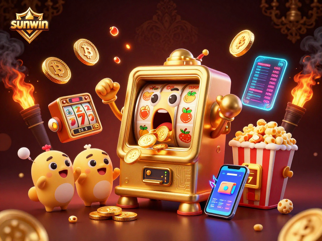 Experience the thrilling moment as sunwin's slot machine hits the jackpot amidst a vibrant casino scene.