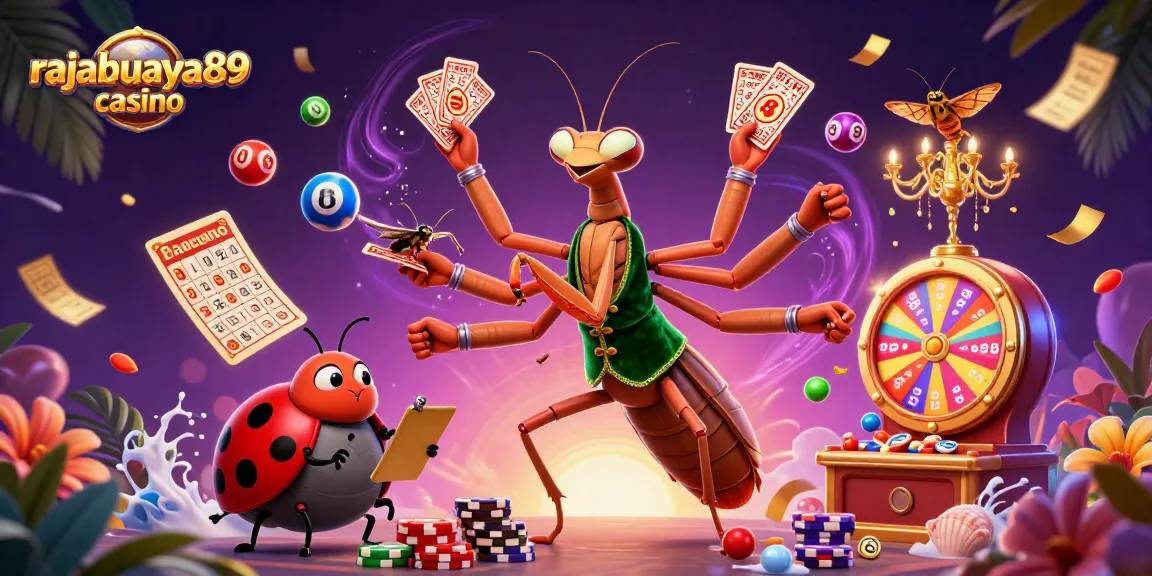 Experience vibrant gameplay at rajabuaya89 casino with a dynamic scene of card games and prizes.