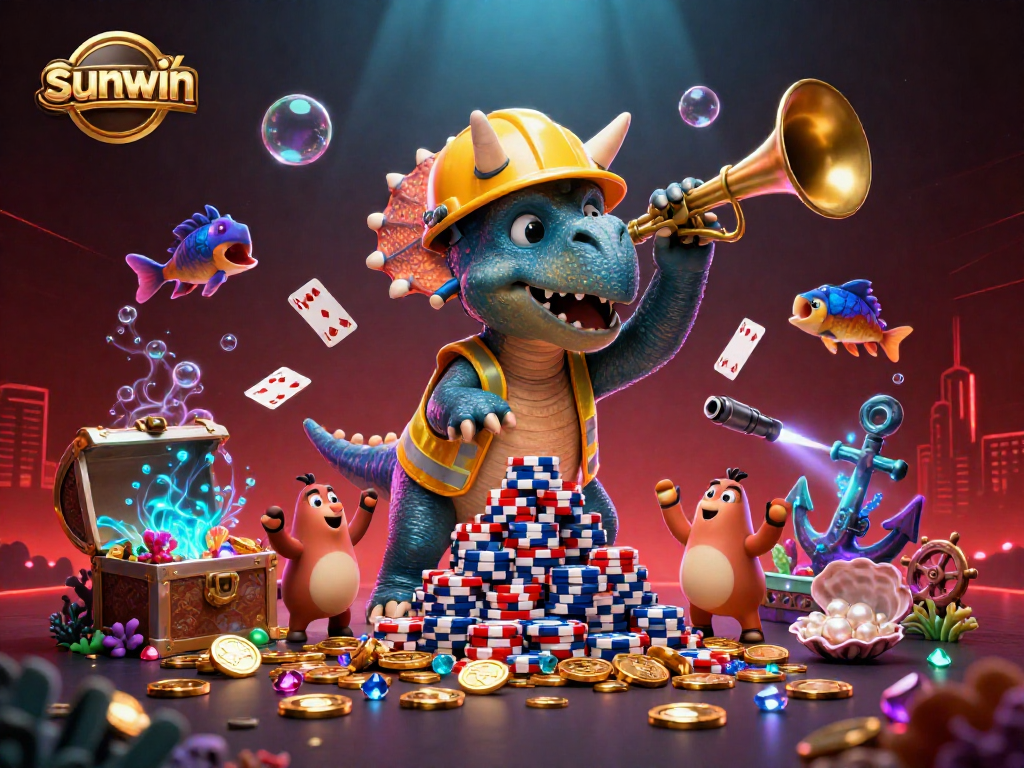 Engage in the sunwin casino challenge with the triceratops building poker chip pyramids underwater.