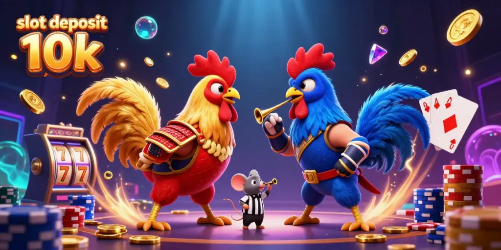 Rasakan sensasi memainkan slot deposit 10k dengan gambar ilustrasi kasino yang menampilkan ayam laga dan elemen permainan yang mengesankan.