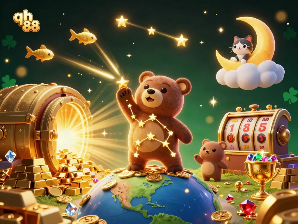 Experience the magic of qh 88 with a constellation bear scooping coins in a dazzling casino scene.