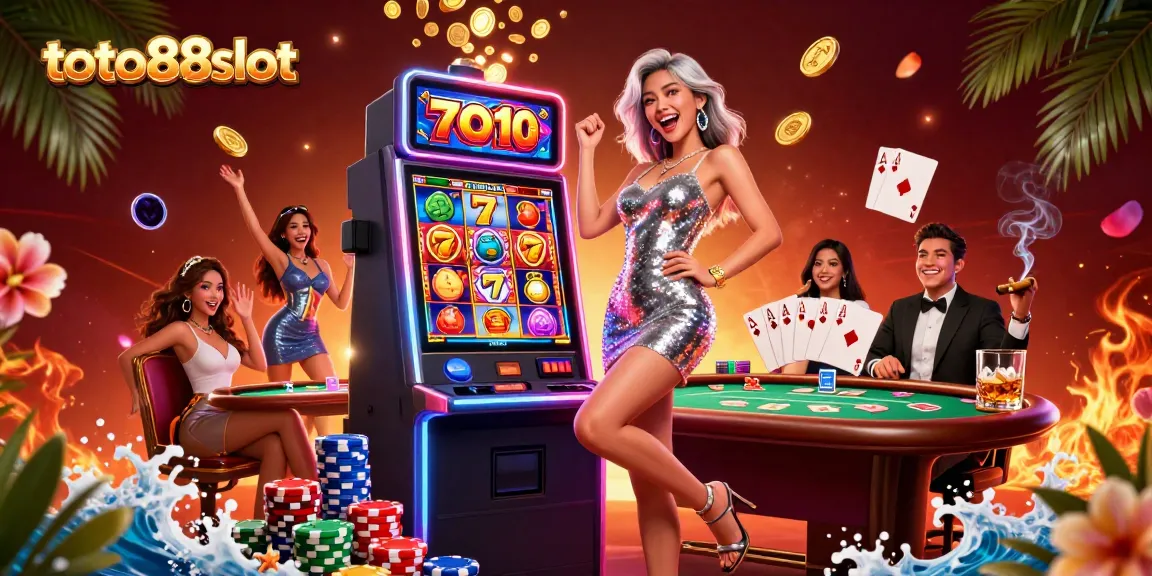 Experience the thrill of jackpots with toto88slot as golden coins erupt from a slot machine amidst vibrant casino elements.
