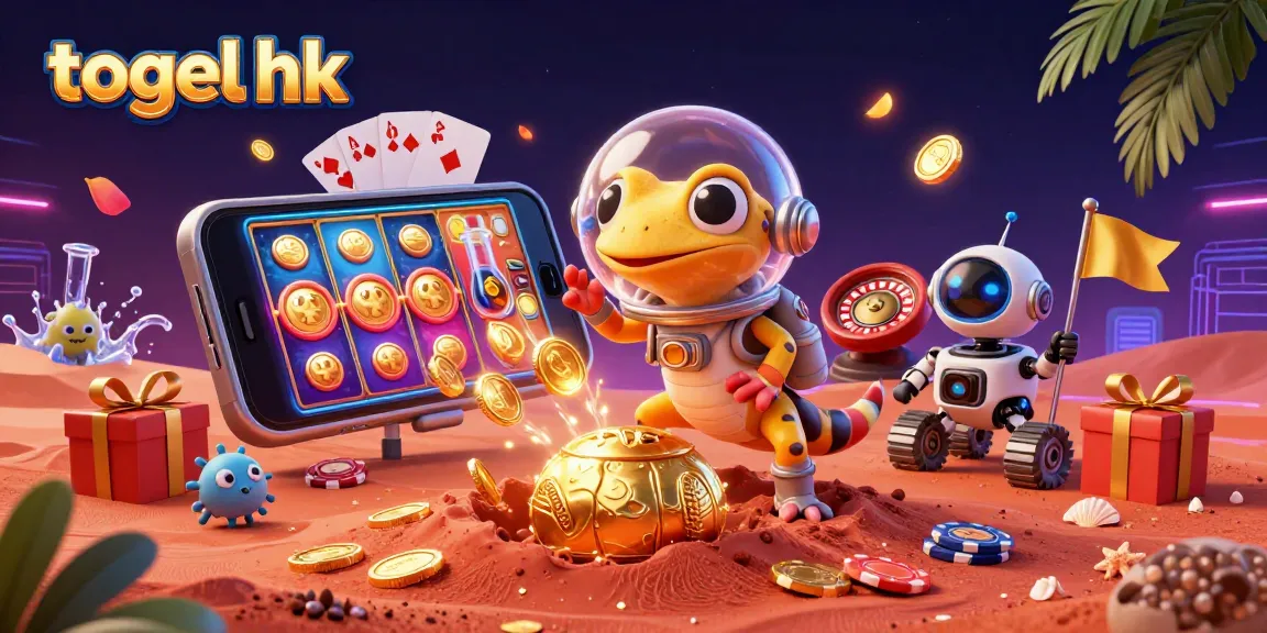 Engage in togel hk gaming with a Martian gecko uncovering a golden casino amidst vibrant action.