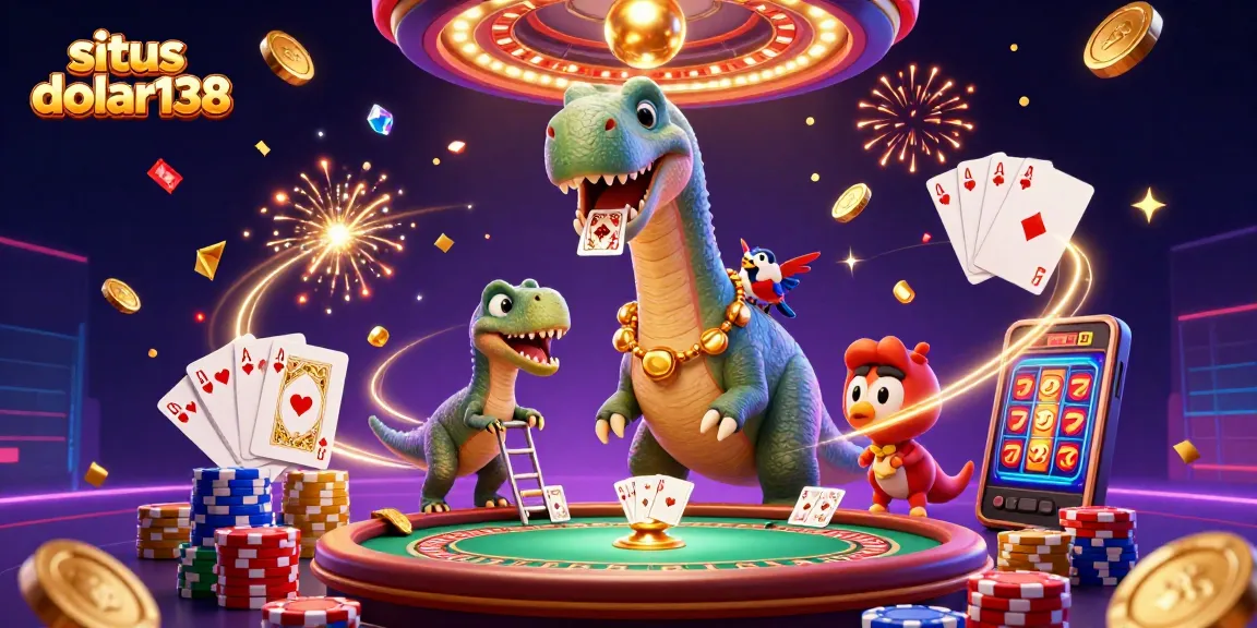 Experience excitement at situs dolar138 with vibrant casino elements like a giant dinosaur and poker action.