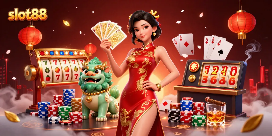 Win big with slot88 in a vibrant 3D casino scene featuring exciting slot reels and themed characters.