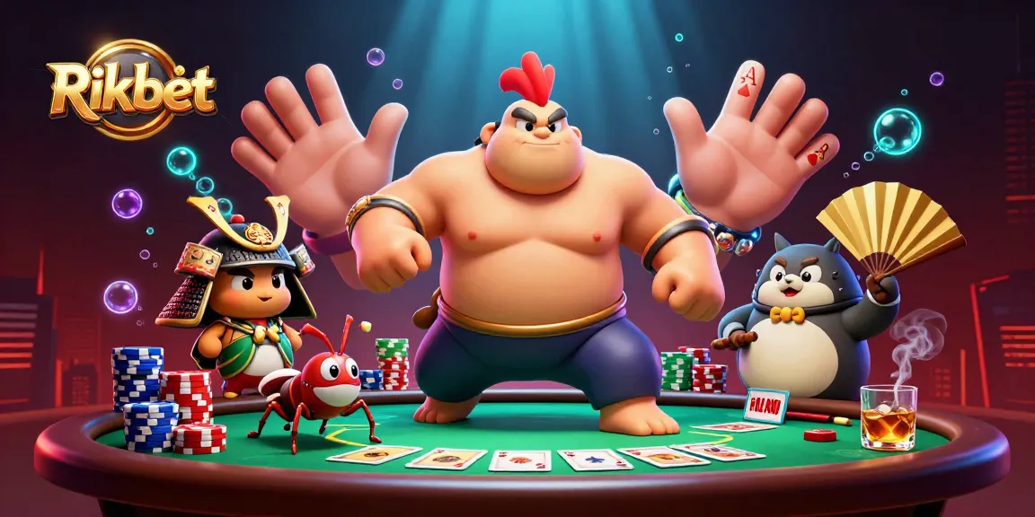 Rikbet showcases powerful characters in a dynamic casino scene with poker elements and vibrant colors.