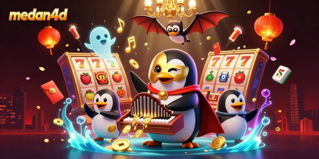 Menggali jackpot di medan4d dengan penguin orkestra misterius dan elemen kasino yang meriah.