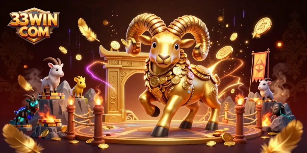 Experience the thrill of 33WIN COM with a vibrant 3D casino scene featuring a golden ram amidst golden coins and dynamic betting elements.