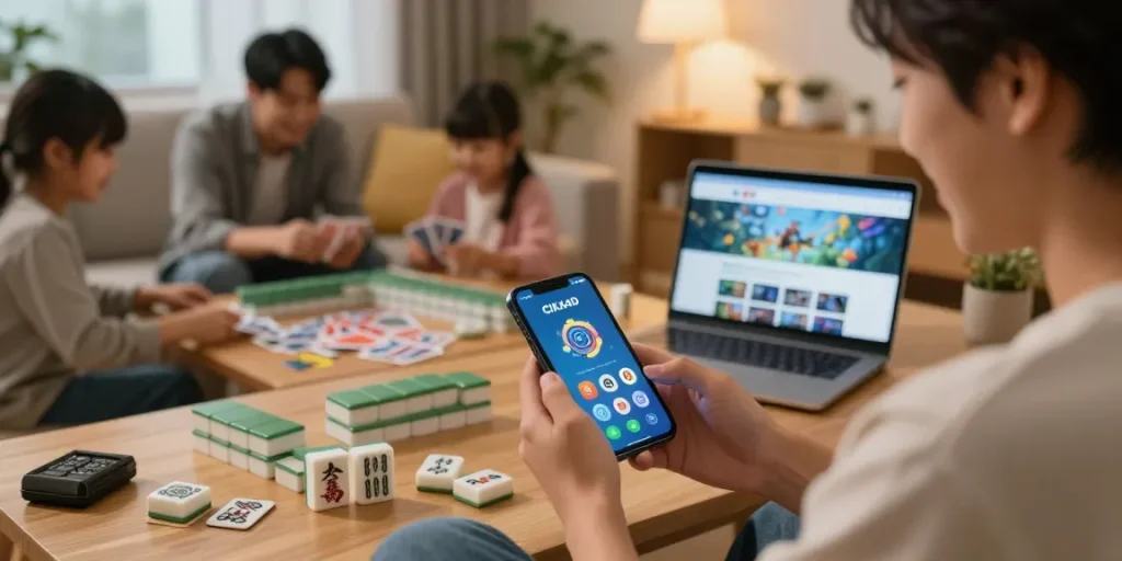 CIKA4D user enjoying Mahjong on smartphone in cozy living room.