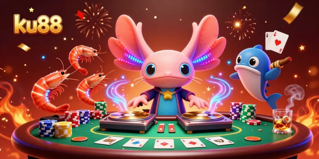 Engage with ku88’s vibrant axolotl DJ scene featuring dynamic poker elements and a lively atmosphere.