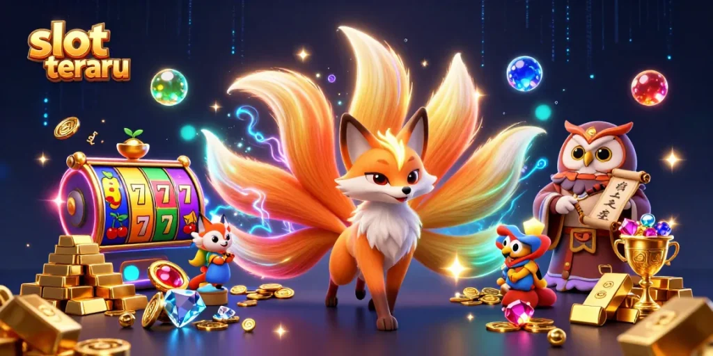 Engage with the vibrant slot terbaru scene featuring lucky 7s, jewels, and animated characters.