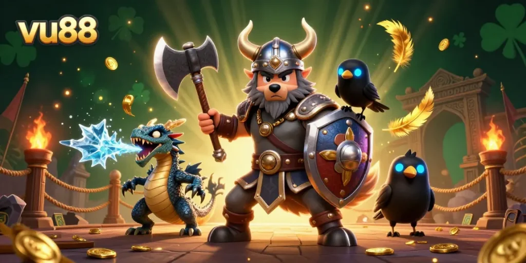 Experience the thrill of play at vu88 with our exciting Viking warrior, fierce dragon, and captivating casino elements.
