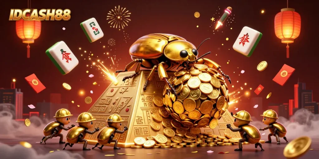 Experience the excitement at IDCASH88 with golden beetles rolling jackpot coins amidst festive symbols.