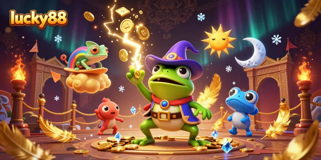 Engage with the lucky88 gaming experience featuring a vibrant frog and chameleon amidst dynamic casino elements.