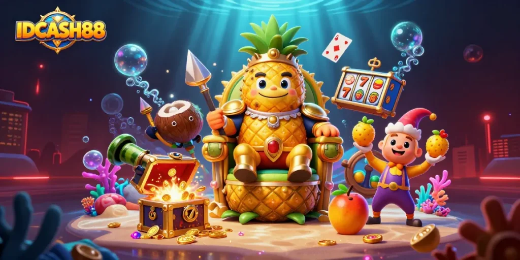 Engage with IDCASH88’s exciting slots scene featuring a golden pineapple king and vibrant underwater treasures.