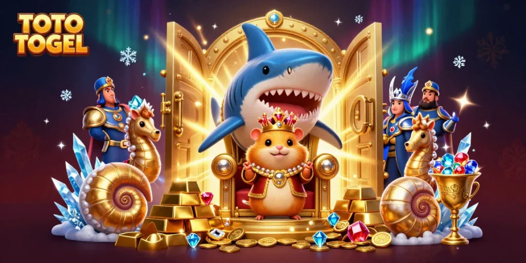 Ilustrasi 3D TOTO TOGEL dengan raja hamster emas dan penjaga kuda laut di dalam skena kasino