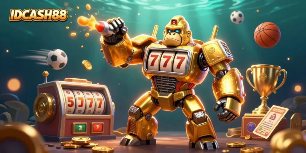 Experience the excitement of IDCASH88 with a golden gorilla mech surrounded by dynamic gaming elements.
