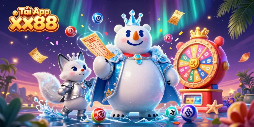 Tải App xx88 to experience a vibrant lottery adventure with colorful game elements and royal characters.