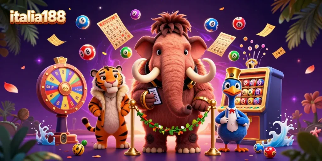 Ilustrasi 3D italia188 dengan mamut sebagai petugas kasir dan semua elemen kasino yang mendebarkan.