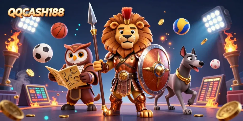 Engage in thrilling gameplay with QQCASH188 featuring a heroic Spartan lion and dynamic sports elements