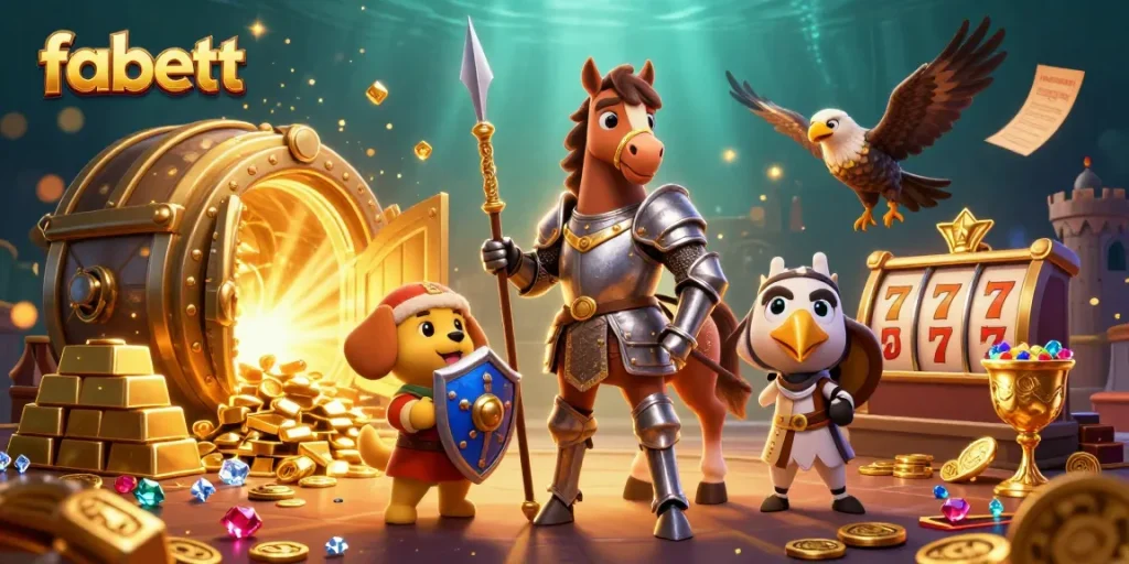 Experience thrilling casino action with fabett's vibrant gaming scene featuring a knight and jewels.