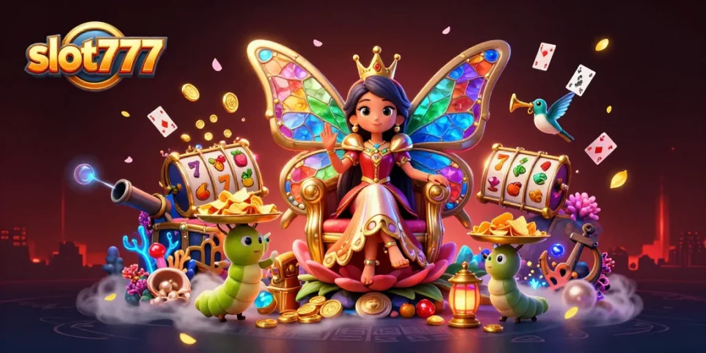 Experience slot777 in vibrant casino action with a butterfly queen amidst treasures and gaming elements.