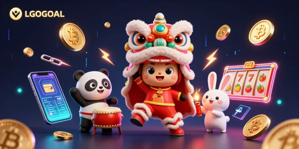 Experience the excitement of LGOGOAL's slot games in a vibrant, dynamic scene featuring colorful characters.