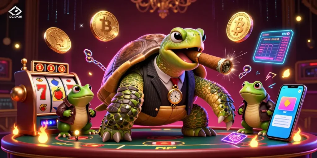 Engage with IDCJOKER's vibrant casino scene featuring a snapping turtle in a mobster suit among lively game elements.