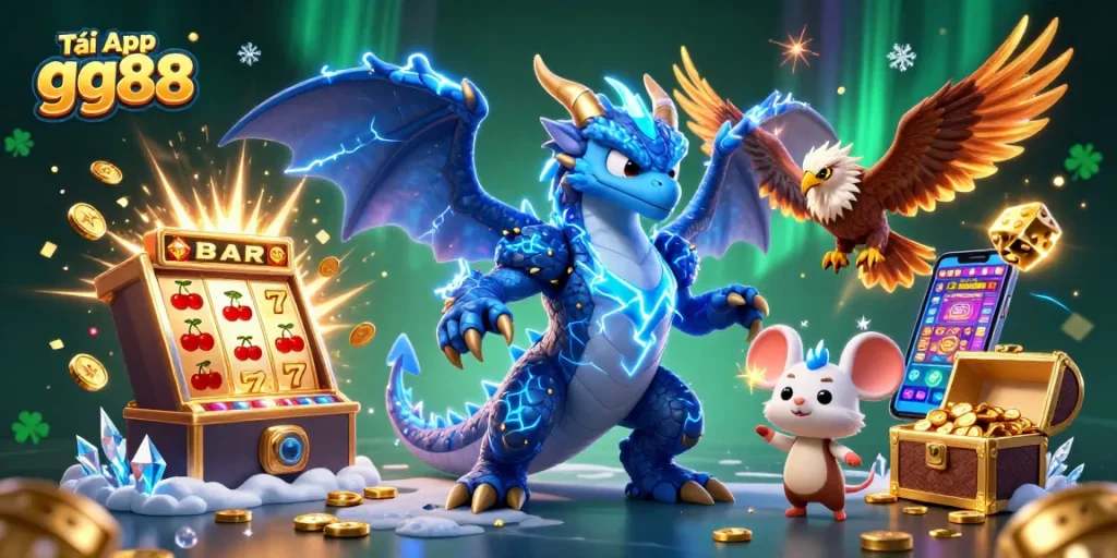 Tải App gg88 for thrilling casino games, featuring dynamic dragons and jackpots in a vibrant 3D world.