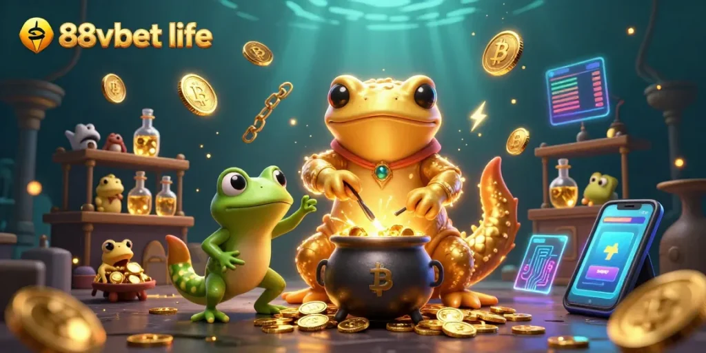 Experience thrilling gaming at 88vbet life with a magical alchemist scene featuring gold and cryptocurrency elements.