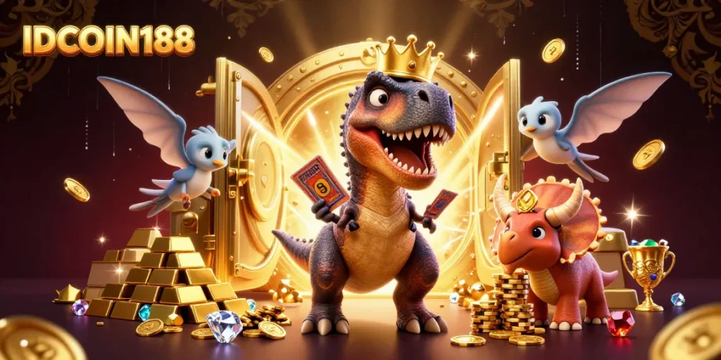 IDCOIN188 slot game illustration with vibrant characters, golden treasures, and dynamic casino elements