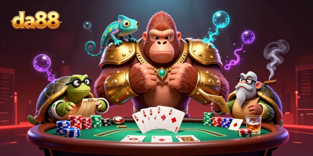 Experience thrilling gameplay with da88, featuring a gorilla king, chameleon spy, and tortoise elder at a poker table.