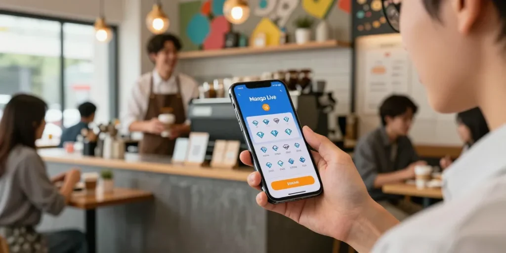 Young adult quickly top up mango diamonds using a smartphone in a lively café setting.