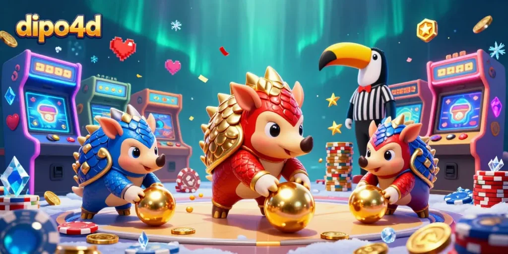 Experience thrilling casino action with dipo4d's vibrant 3D pangolin showdown amidst colorful gaming elements.