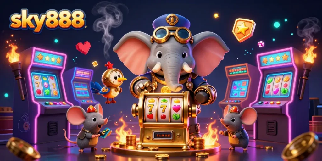 Engage with the vibrant sky888 gaming atmosphere featuring a steampunk elephant at a golden slot machine.