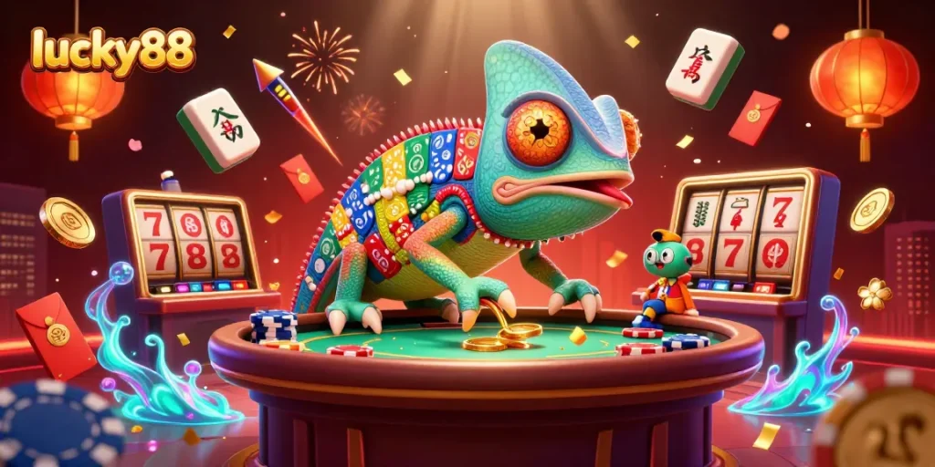 Join the thrilling action at lucky88 with a vivid 3D casino illustration featuring games and lively elements.