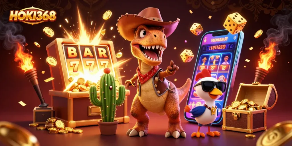 Experience thrilling wins with HOKI368 in a vibrant casino scene featuring dynamic characters and elements.