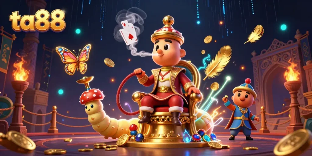 Engage with ta88's vibrant casino world, showcasing a colorful 3D caterpillar with poker symbols.