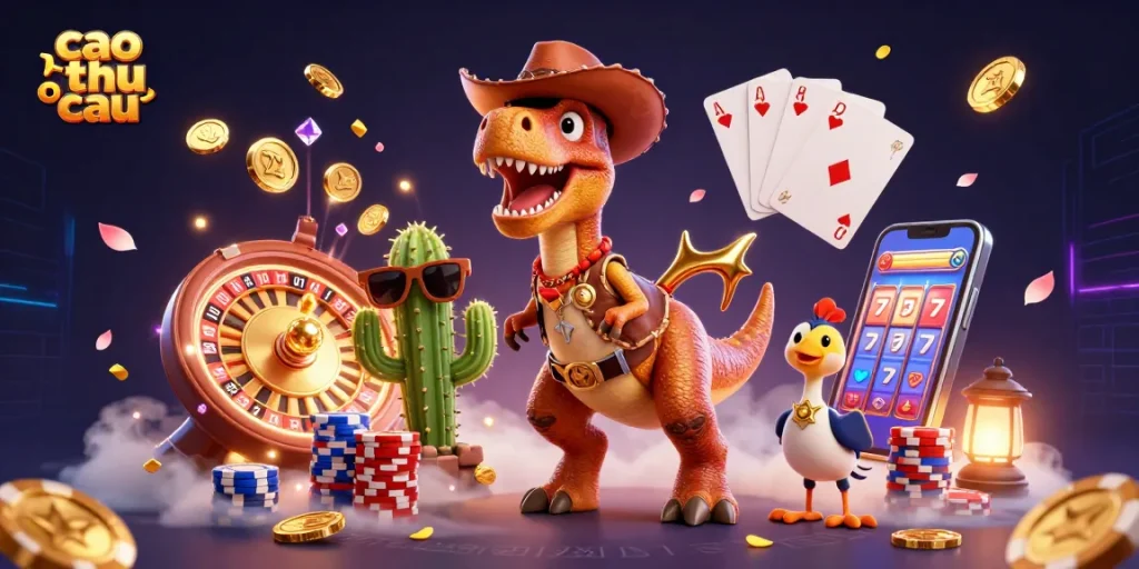 Experience thrilling luck with cao thu soi cau's cartoon dinosaur in a lively casino scene.