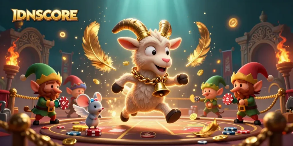 IDNSCORE players revel in dynamic casino action surrounded by vibrant game elements and characters.