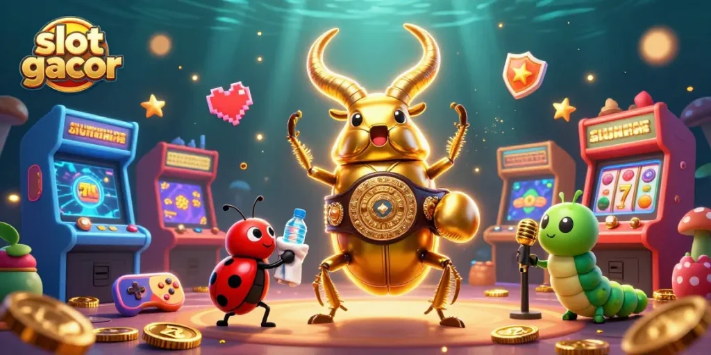 Engage with slot gacor as a giant golden stag beetle battles in a vibrant casino scene filled with games.