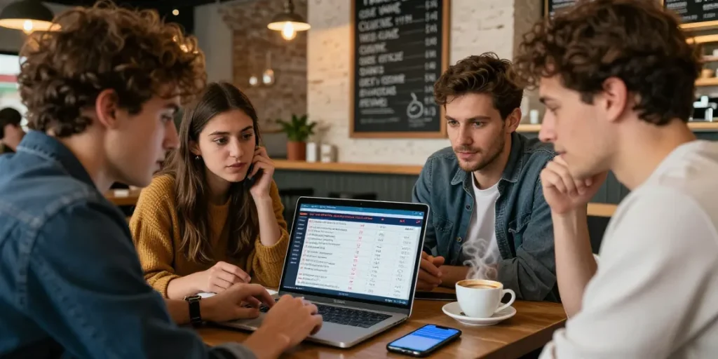 Suasana santai di kafe, teman-teman membahas strategi di lazadatoto untuk permainan togel online.